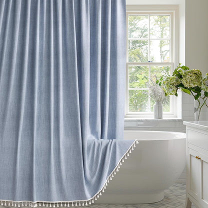 Farmhouse Shower Curtain | Colorful Faux Linen with Boho Tassel Accents | Stylish Bathroom Decor for a Chic Makeover 0