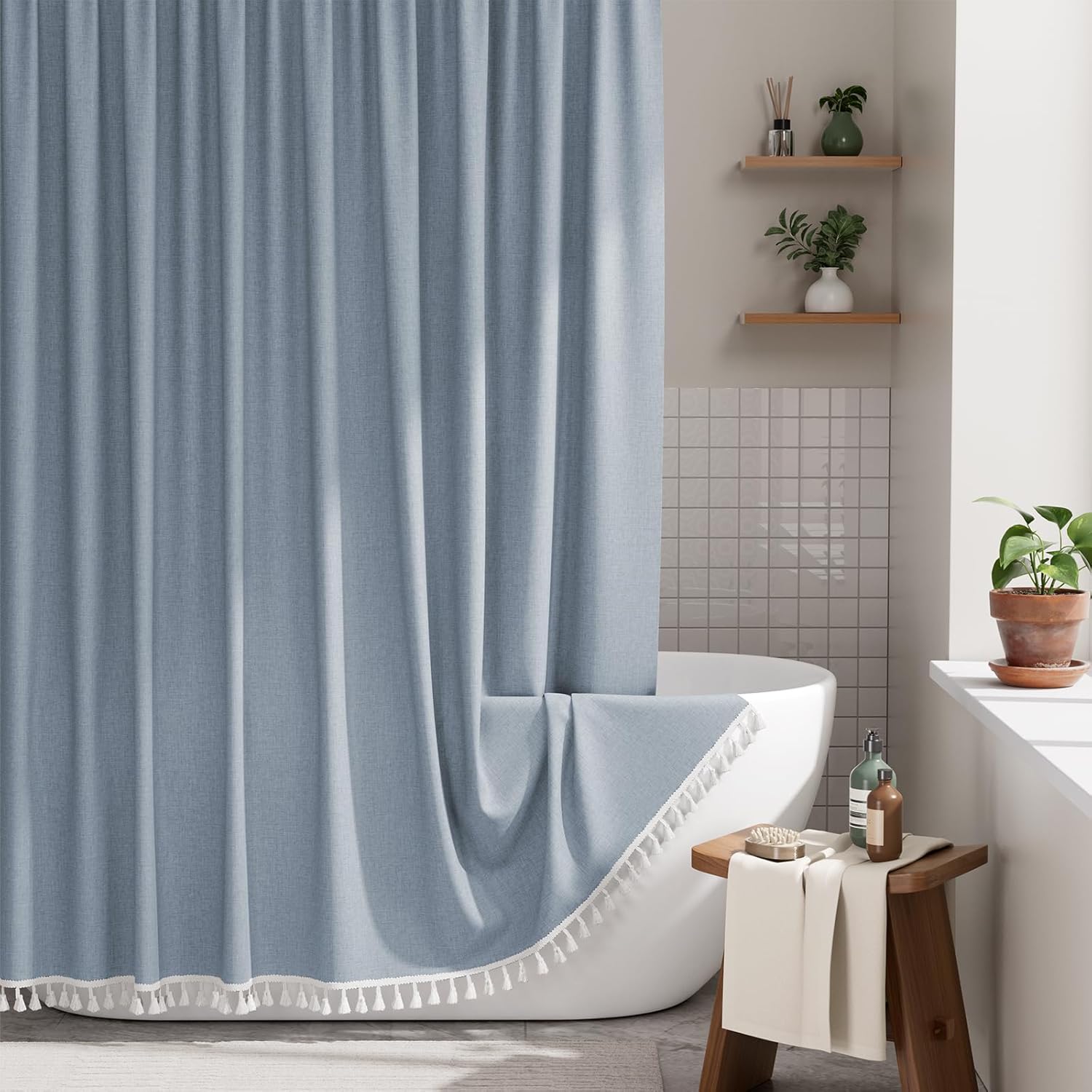 Farmhouse Shower Curtain | Colorful Faux Linen with Boho Tassel Accents | Stylish Bathroom Decor for a Chic Makeover 1