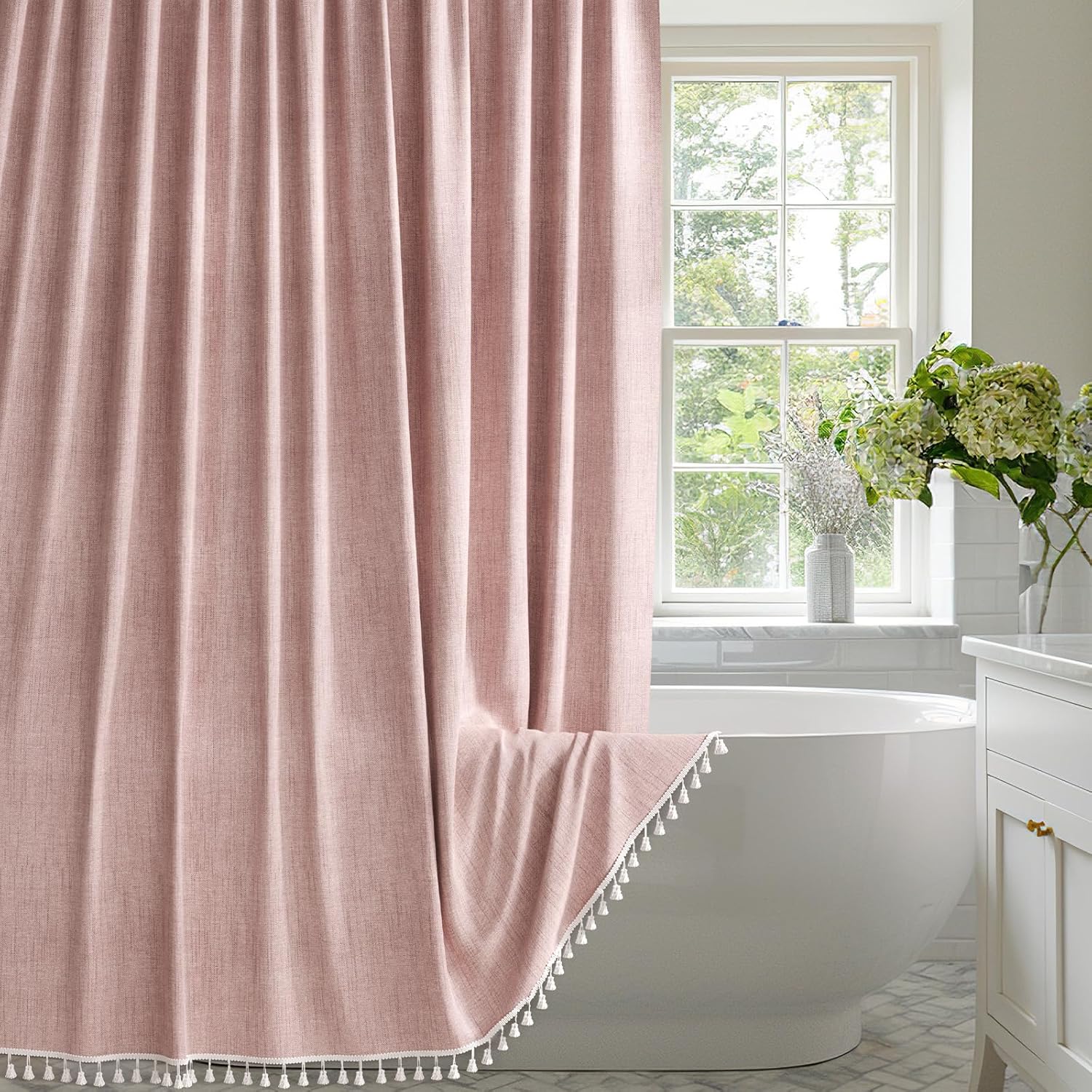 Farmhouse Shower Curtain | Colorful Faux Linen with Boho Tassel Accents | Stylish Bathroom Decor for a Chic Makeover 10