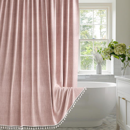 Farmhouse Shower Curtain | Colorful Faux Linen with Boho Tassel Accents | Stylish Bathroom Decor for a Chic Makeover 10