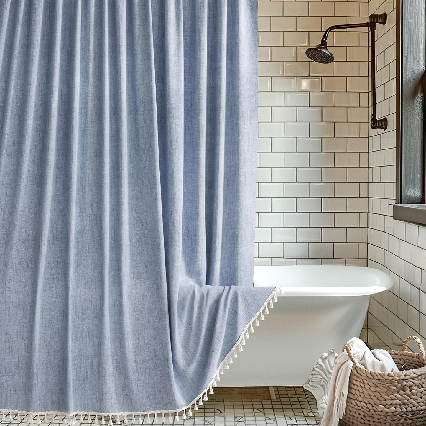 Farmhouse Shower Curtain | Colorful Faux Linen with Boho Tassel Accents | Stylish Bathroom Decor for a Chic Makeover 2