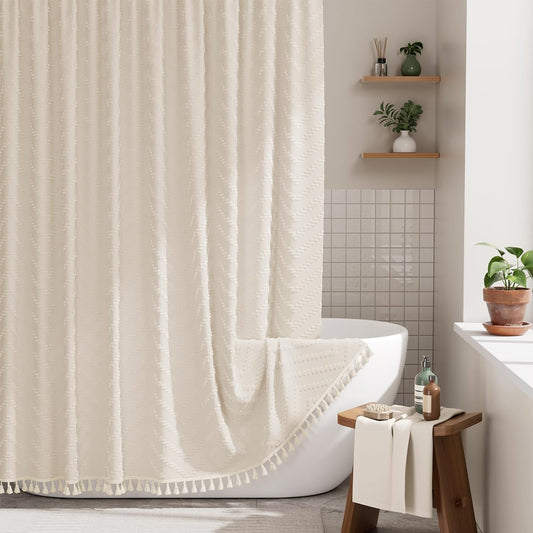 Farmhouse Shower Curtain with Tassel Accents & Tufted Design | Boho Chic Bathroom Decor for Stylish Makeover 0