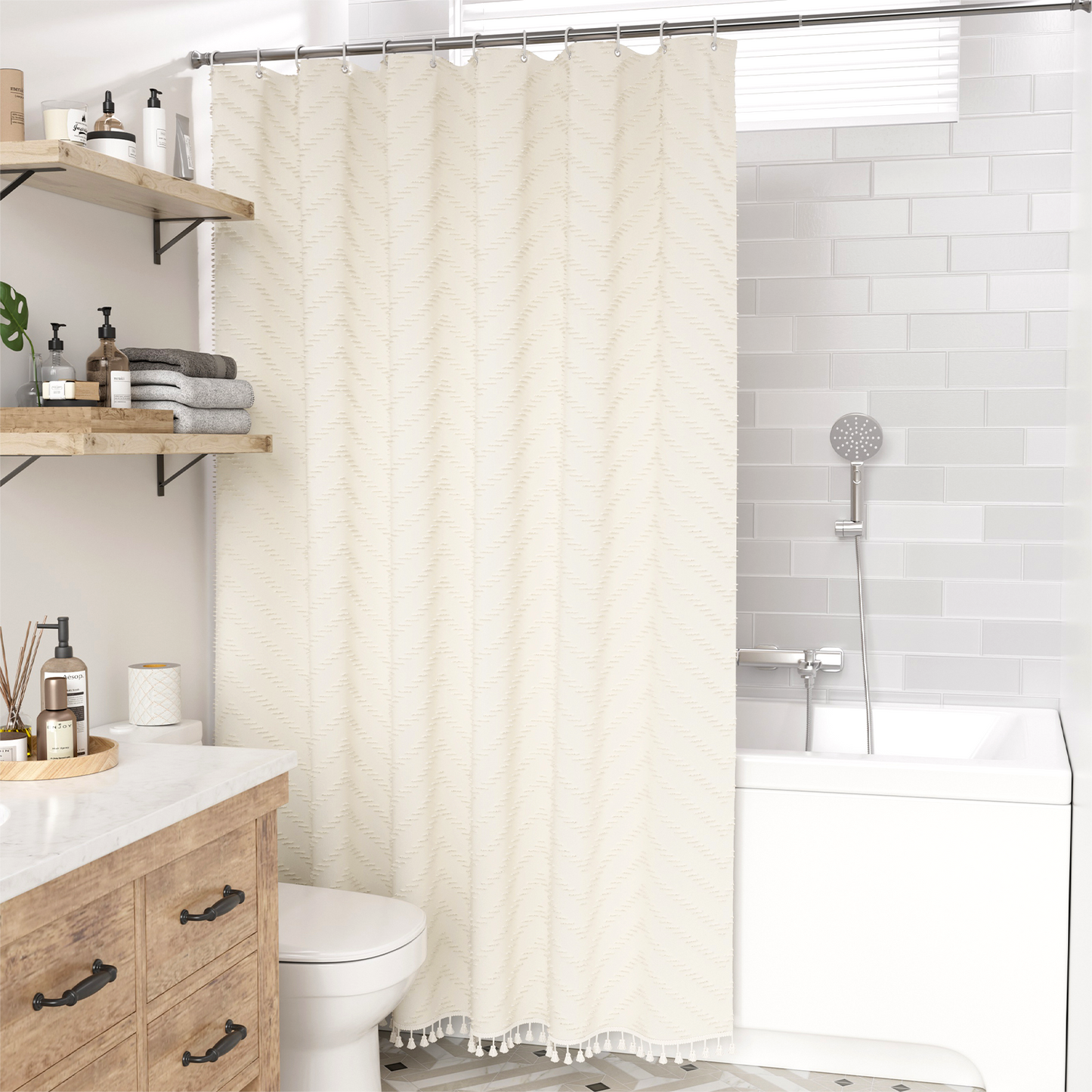 Farmhouse Shower Curtain with Tassel Accents & Tufted Design | Boho Chic Bathroom Decor for Stylish Makeover 5