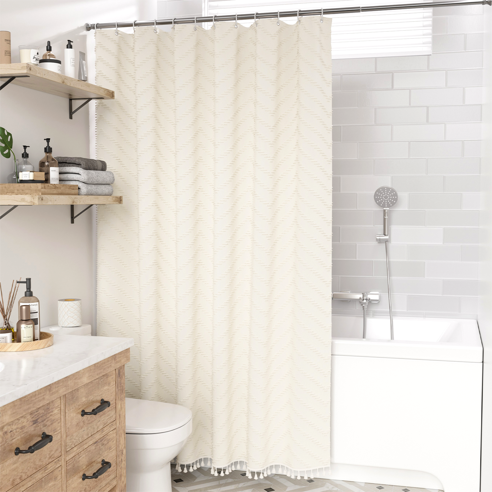 Farmhouse Shower Curtain with Tassel Accents & Tufted Design | Boho Chic Bathroom Decor for Stylish Makeover 5