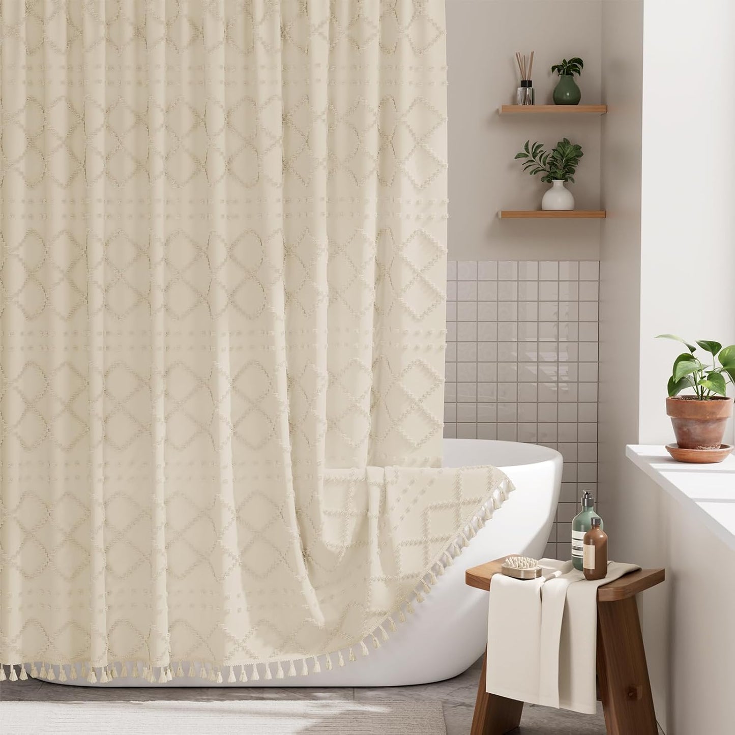 Farmhouse Shower Curtain with Tassel Accents & Tufted Design | Boho Chic Bathroom Decor for Stylish Makeover 8
