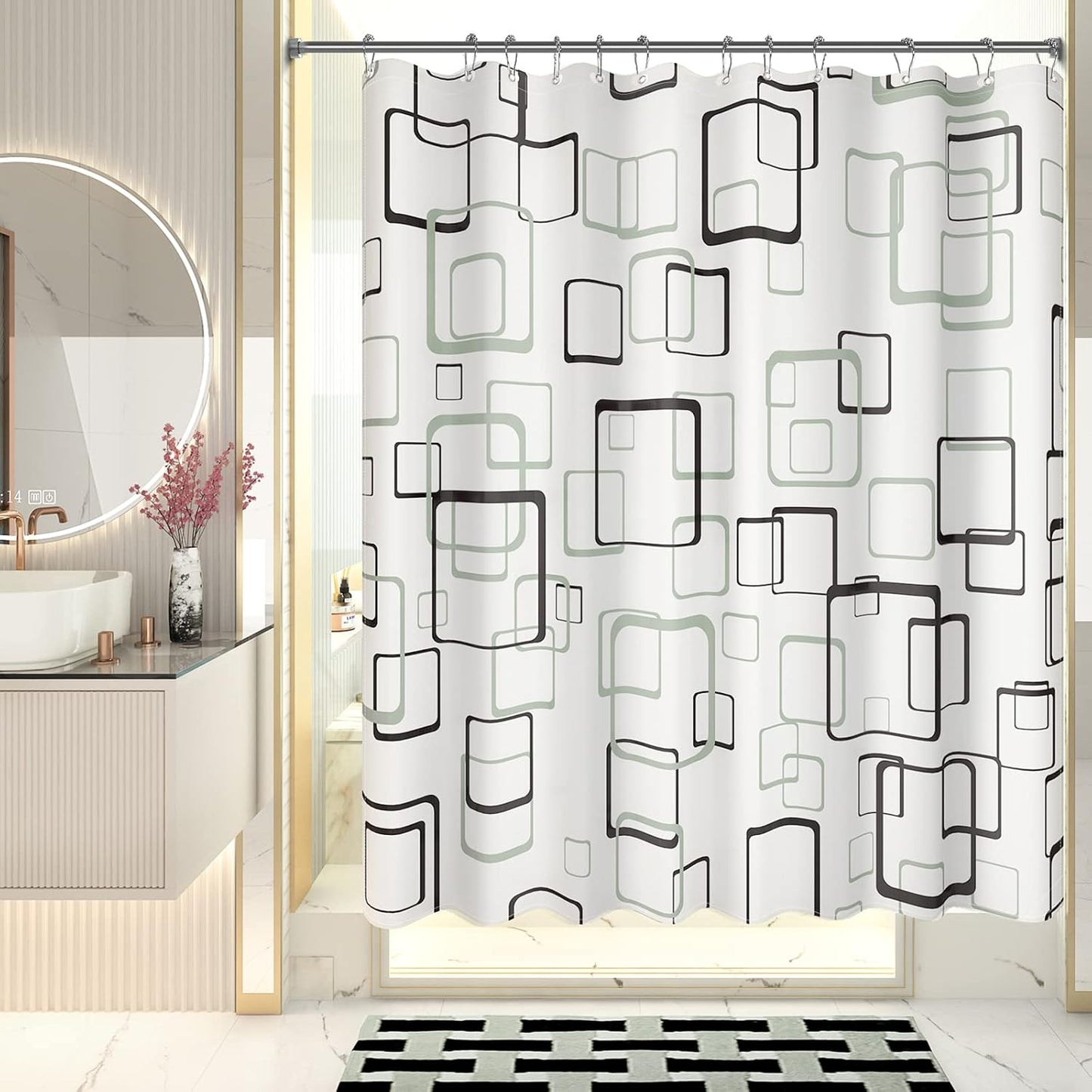 Geometric Shower Curtain Set with Unique Patterns & Rust-Resistant Rings for Stylish Bathroom Upgrade 0