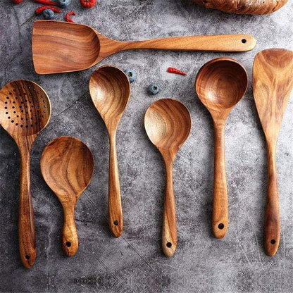 Handmade Wooden Cooking Utensils Set Eco-Friendly Teak Durable 0