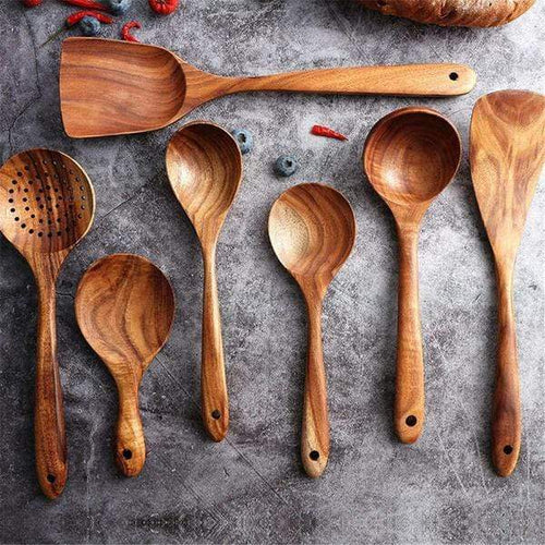 Handmade Wooden Cooking Utensils Set Eco-Friendly Teak Durable 0