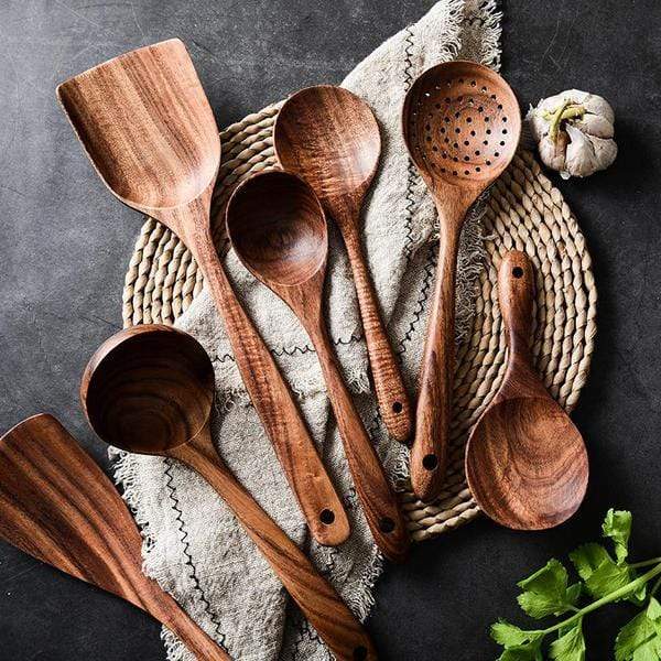 Handmade Wooden Cooking Utensils Set Eco-Friendly Teak Durable 2