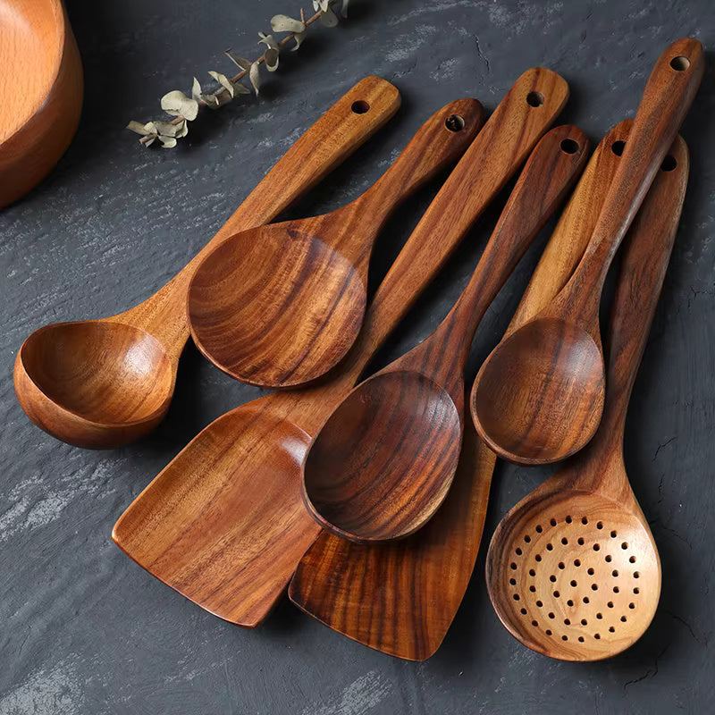 Handmade Wooden Cooking Utensils Set Eco-Friendly Teak Durable 3