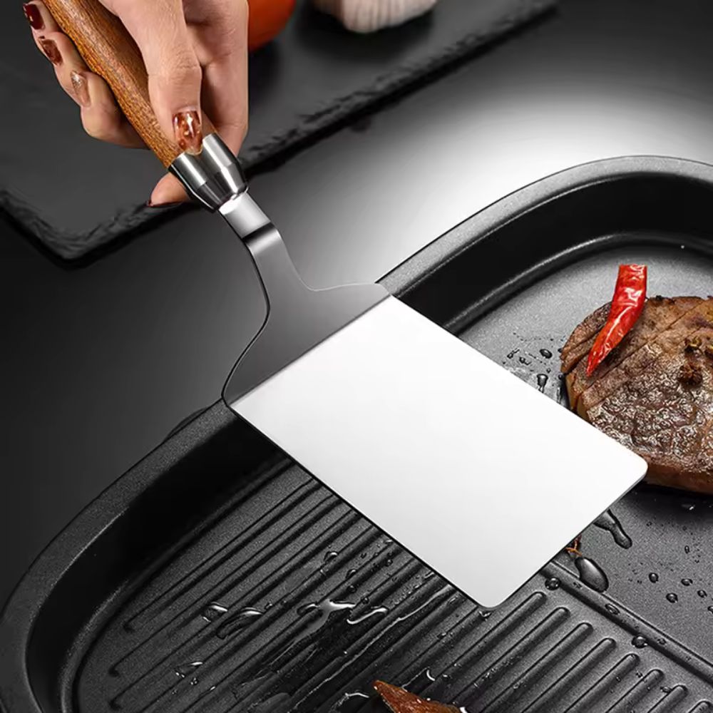 Kitchen Spatula Stainless Steel Heat Resistant Wooden Handle Control 5