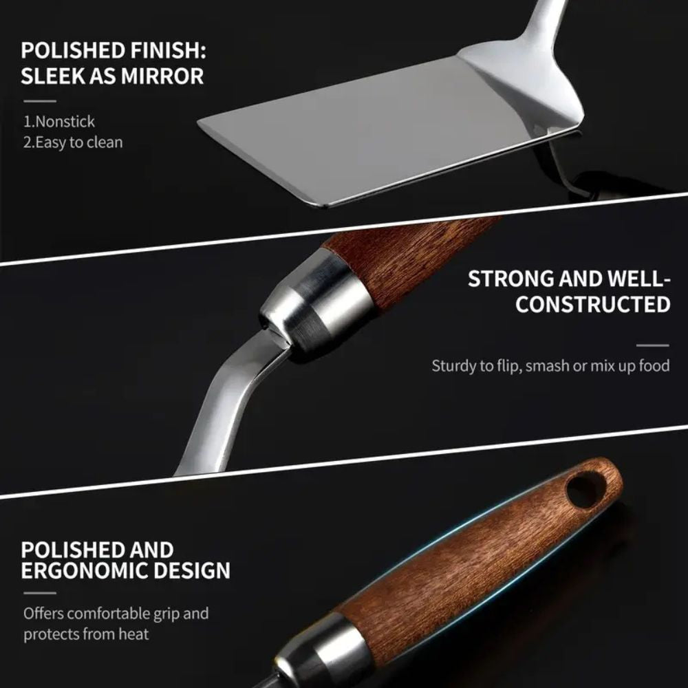 Kitchen Spatula Stainless Steel Heat Resistant Wooden Handle Control 7