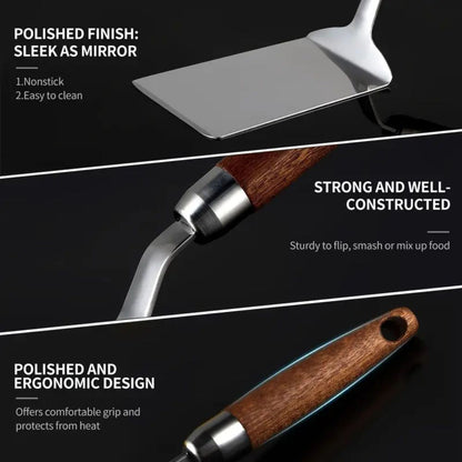 Kitchen Spatula Stainless Steel Heat Resistant Wooden Handle Control 7
