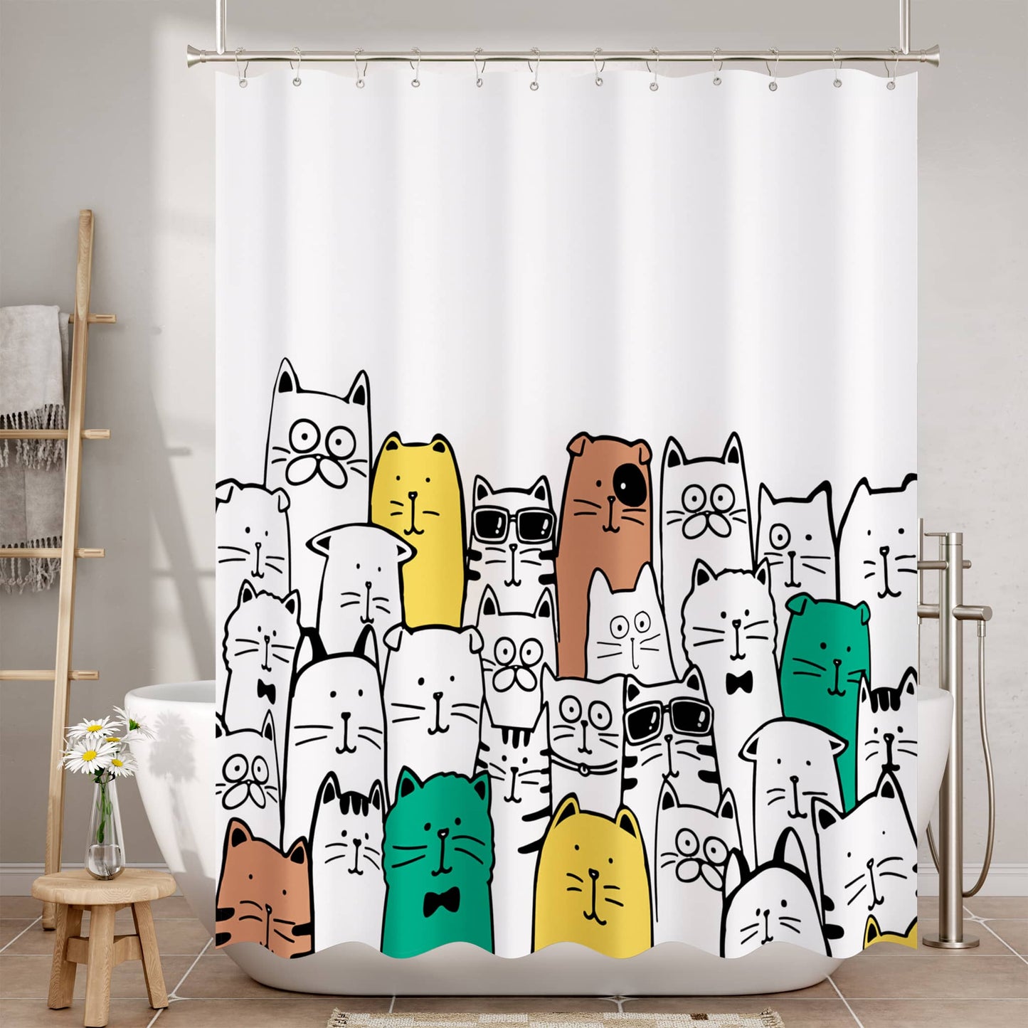 Kitty Collection | Water-Repellent Shower Curtain with Unique Artwork | Easy-Care Fabric for a Fresh Bathroom 1