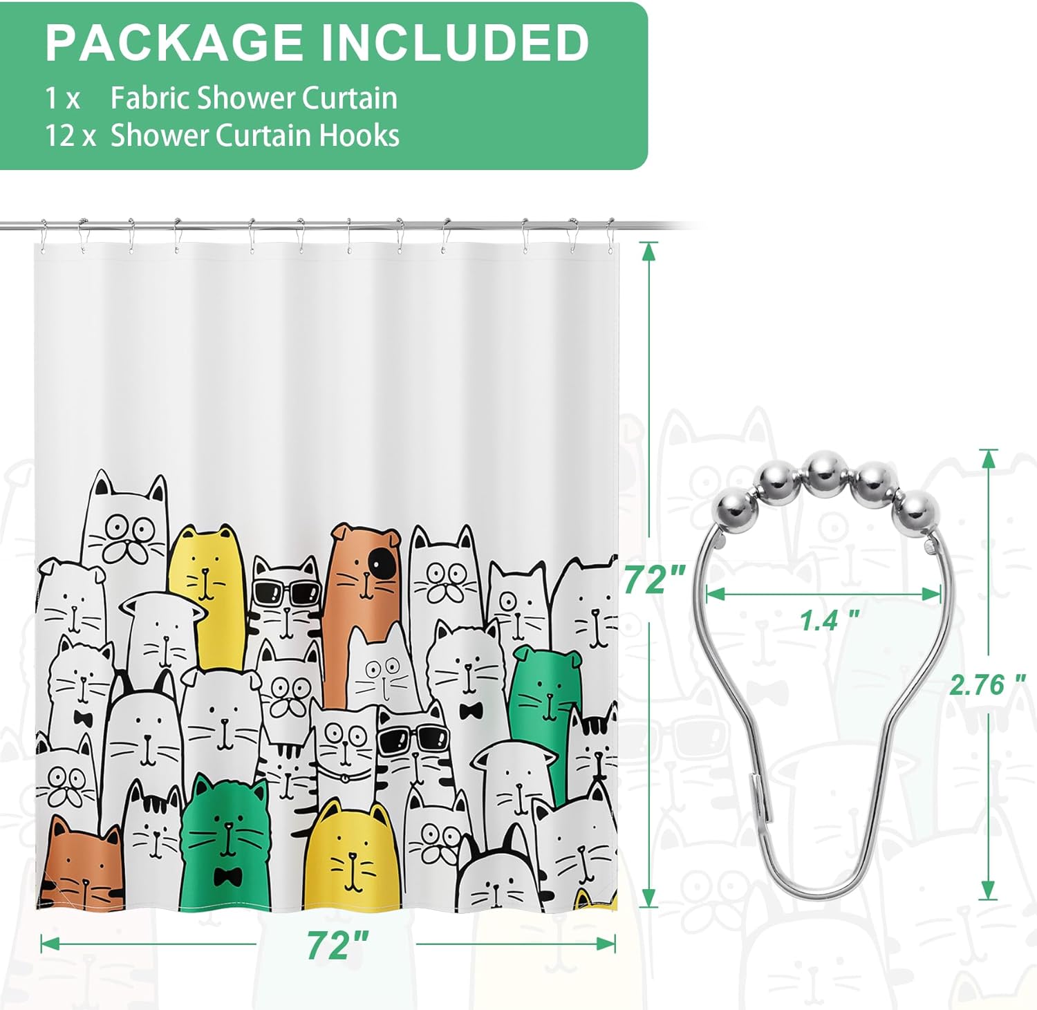 Kitty Collection | Water-Repellent Shower Curtain with Unique Artwork | Easy-Care Fabric for a Fresh Bathroom 2