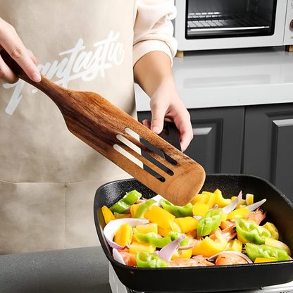 Non-Stick Wooden Spatula Set Durable Teak Comfortable Grip 2