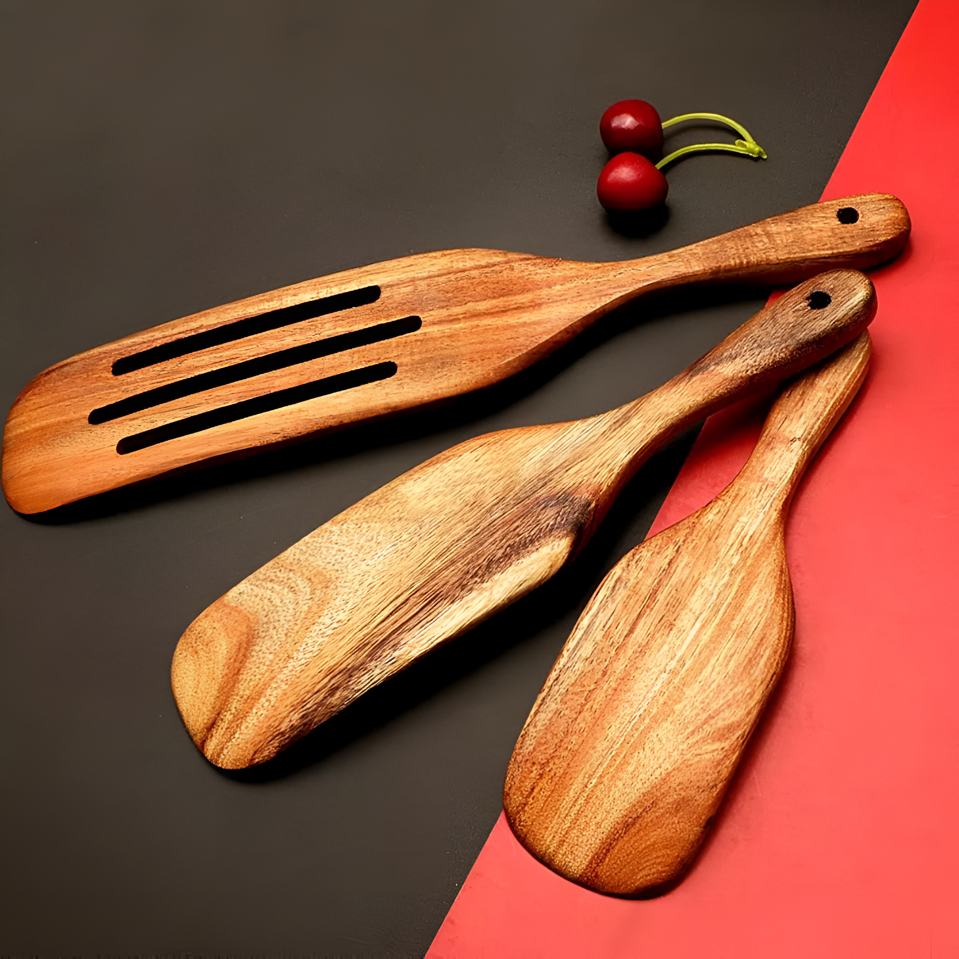 Non-Stick Wooden Spatula Set Durable Teak Comfortable Grip 4