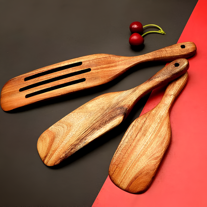 Non-Stick Wooden Spatula Set Durable Teak Comfortable Grip 4