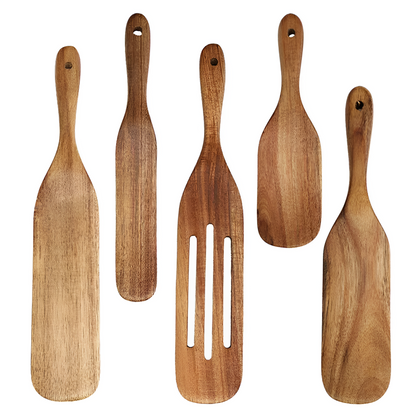 Non-Stick Wooden Spatula Set Durable Teak Comfortable Grip 5