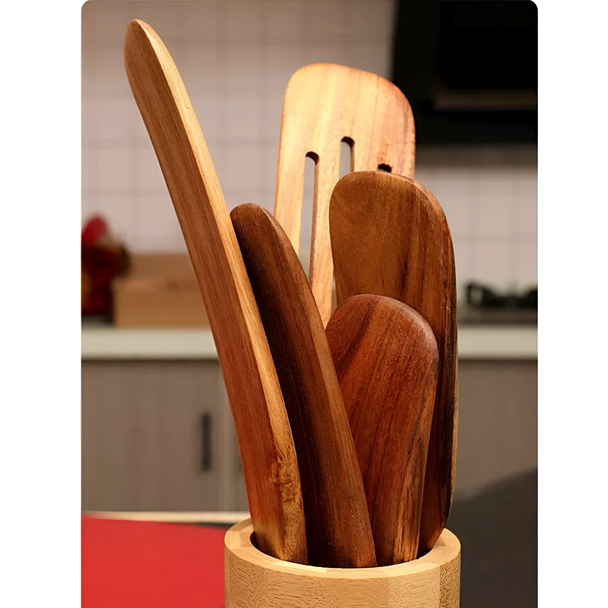 Non-Stick Wooden Spatula Set Durable Teak Comfortable Grip 6