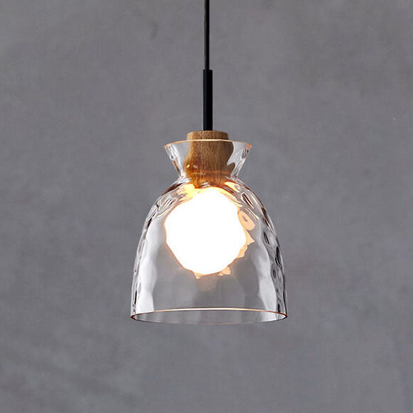 Pendant Lighting Rippled Glass Shade Natural Wood Accent Modern Design 0