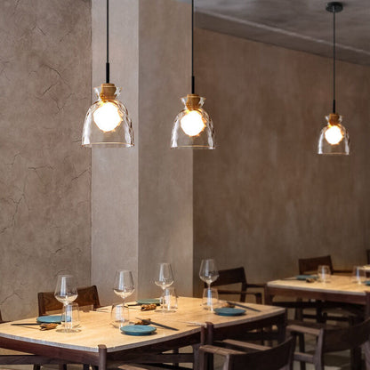 Pendant Lighting Rippled Glass Shade Natural Wood Accent Modern Design 1