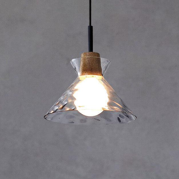 Pendant Lighting Rippled Glass Shade Natural Wood Accent Modern Design 2