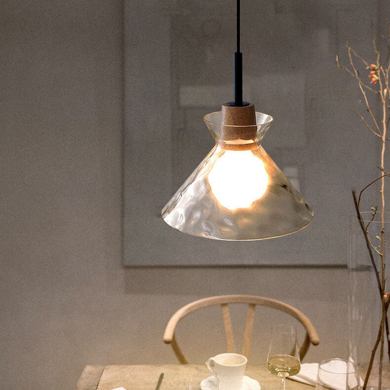 Pendant Lighting Rippled Glass Shade Natural Wood Accent Modern Design 3