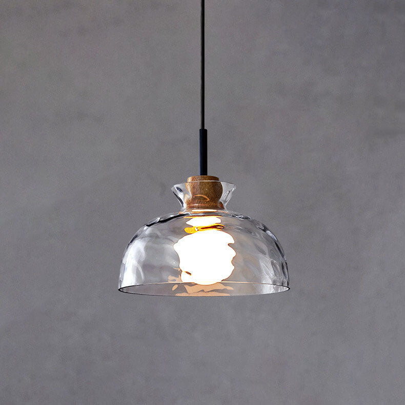 Pendant Lighting Rippled Glass Shade Natural Wood Accent Modern Design 4