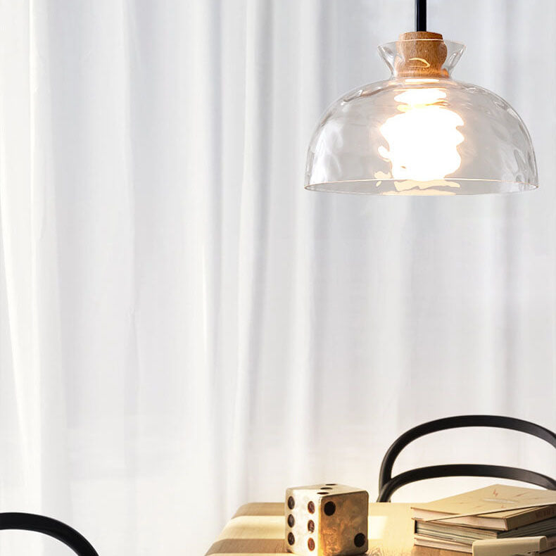 Pendant Lighting Rippled Glass Shade Natural Wood Accent Modern Design 5