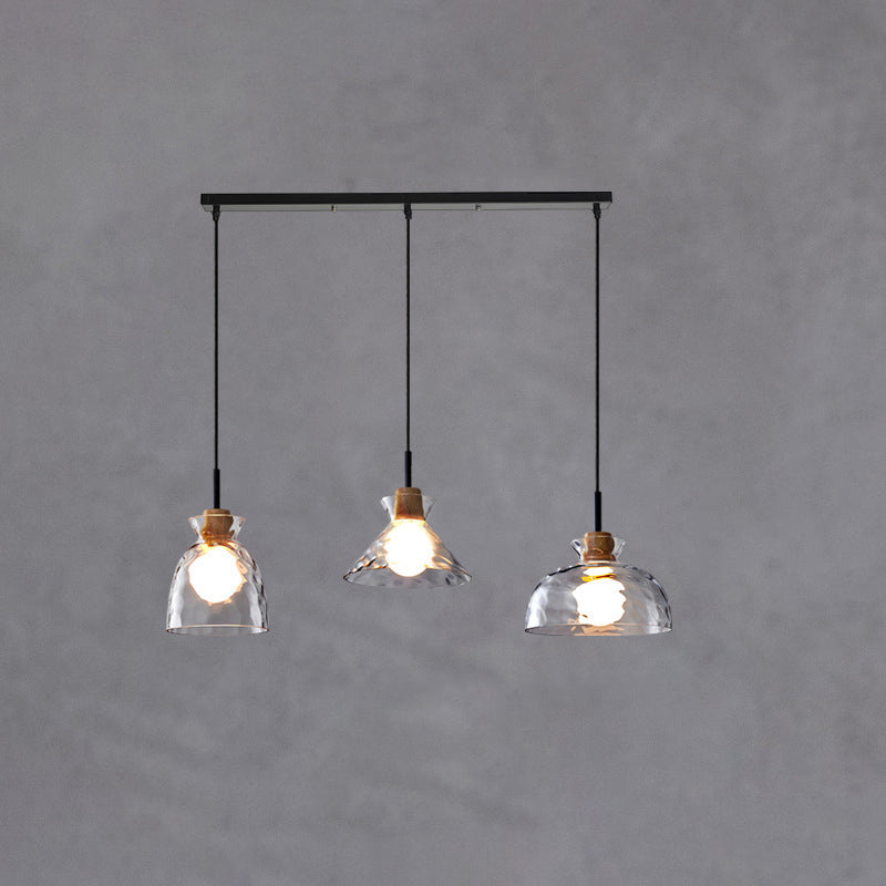 Pendant Lighting Rippled Glass Shade Natural Wood Accent Modern Design 6