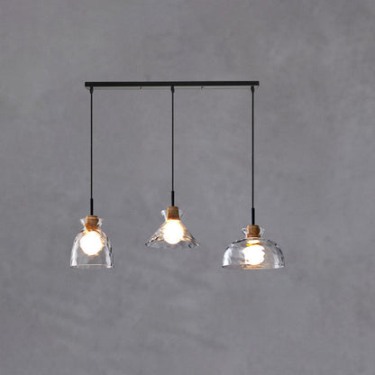 Pendant Lighting Rippled Glass Shade Natural Wood Accent Modern Design 6