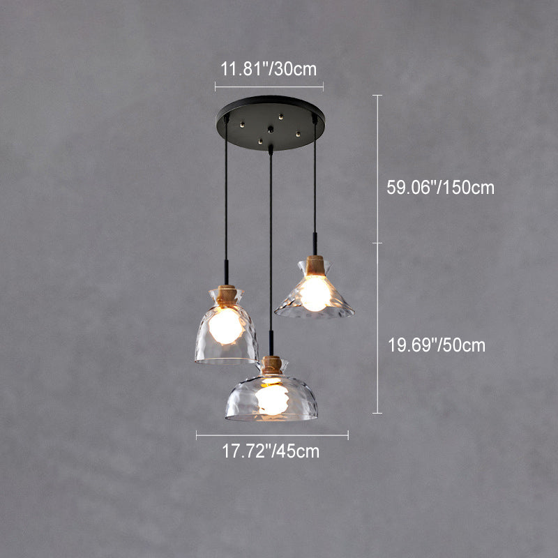 Pendant Lighting Rippled Glass Shade Natural Wood Accent Modern Design 7