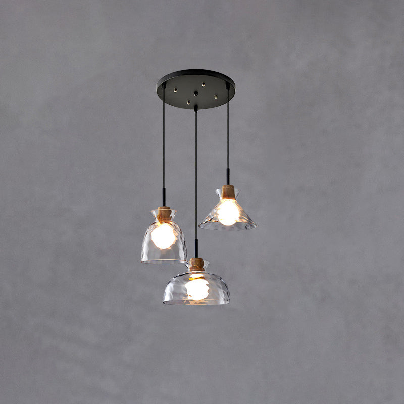 Pendant Lighting Rippled Glass Shade Natural Wood Accent Modern Design 8