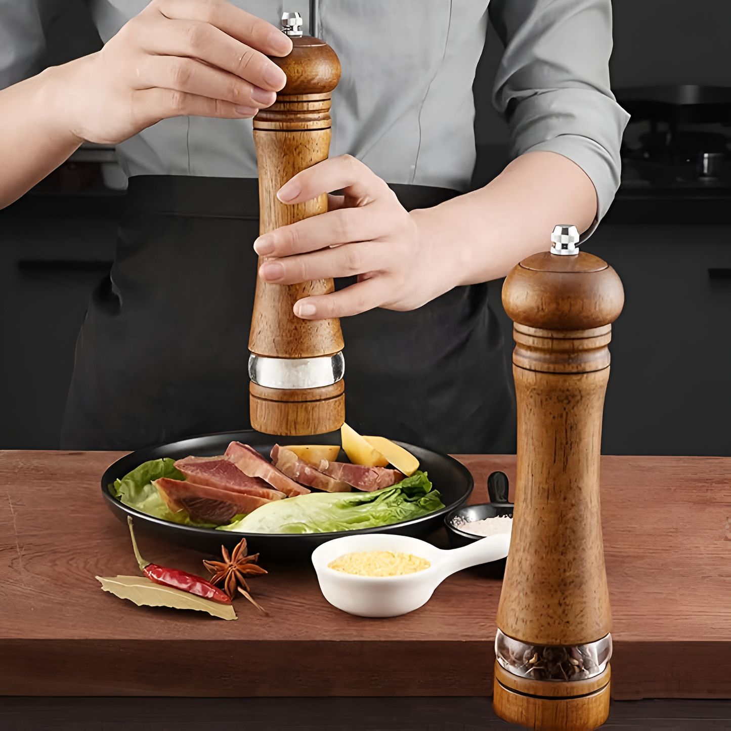 Pepper Grinder Natural Oak Adjustable Coarseness for Fresh Spices 4