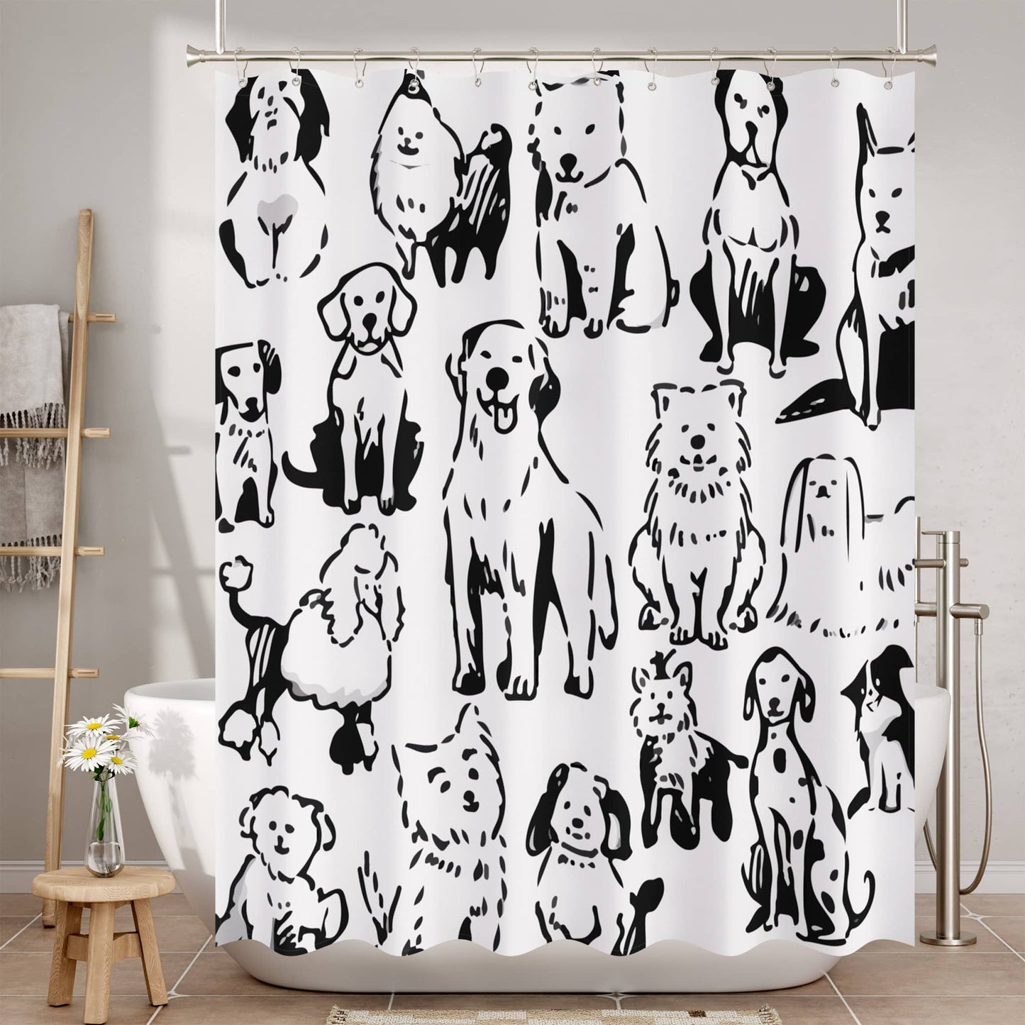 Puppy Shower Curtain Set with 12 Rust-Resistant Rings | Unique Hand-Illustrated Design for Fun Bathroom Decor 1