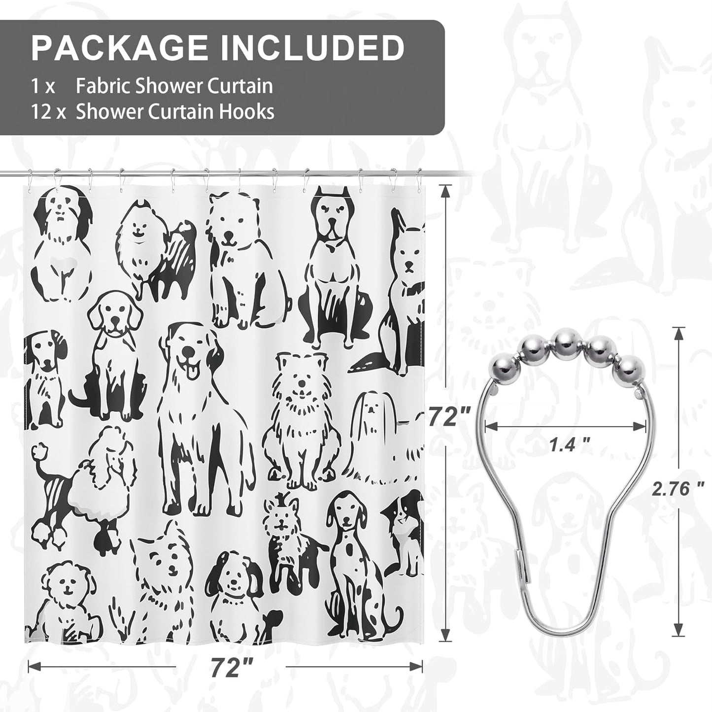 Puppy Shower Curtain Set with 12 Rust-Resistant Rings | Unique Hand-Illustrated Design for Fun Bathroom Decor 2