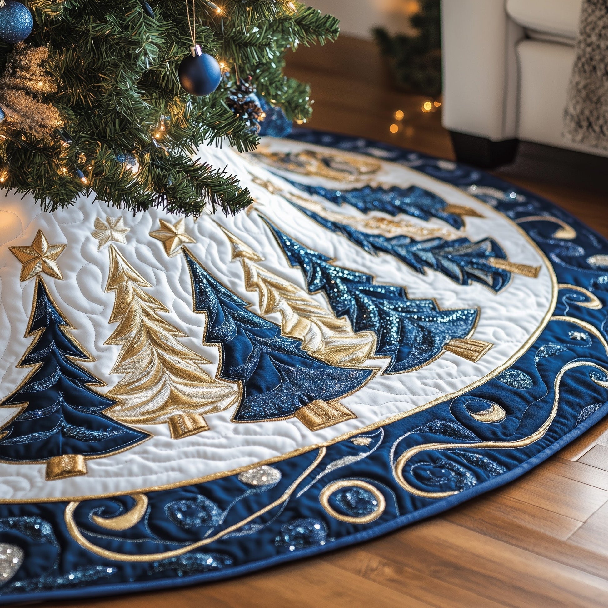 Quilted Christmas Tree Skirt Durable Cotton-Poly Blend Elegant Design 0