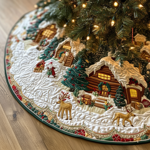 Quilted Christmas Tree Skirt Durable Cotton-Poly Blend Elegant Design 0