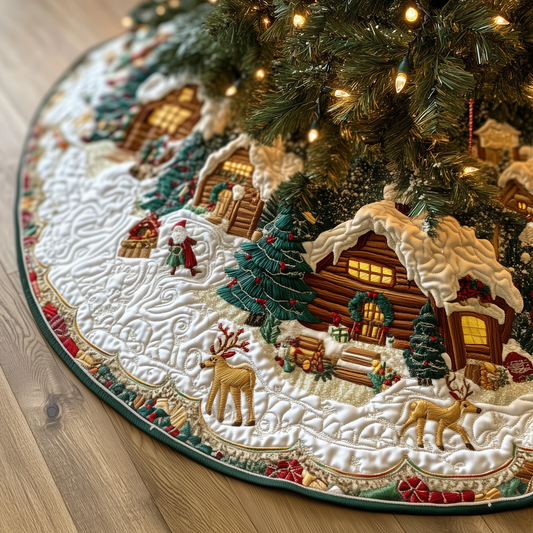Quilted Christmas Tree Skirt Durable Cotton-Poly Blend Elegant Design 0