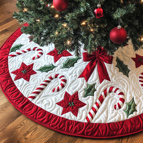 Quilted Christmas Tree Skirt Durable Cotton-Poly Blend Festive Decor 0