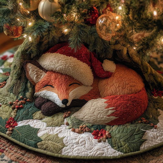 Quilted Christmas Tree Skirt Woodland Fox Design Durable Fabric 0