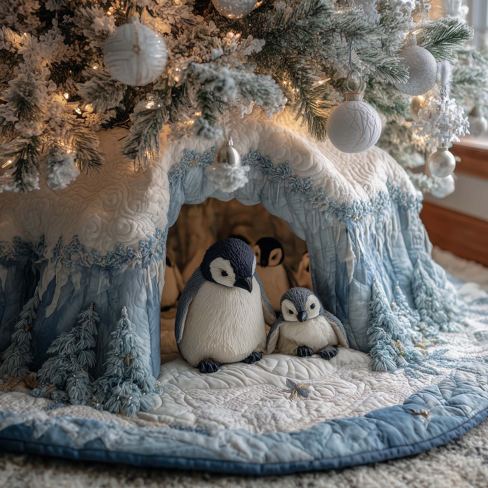 Quilted Tree Skirt Cozy Penguin Family Durable Holiday Decor 0