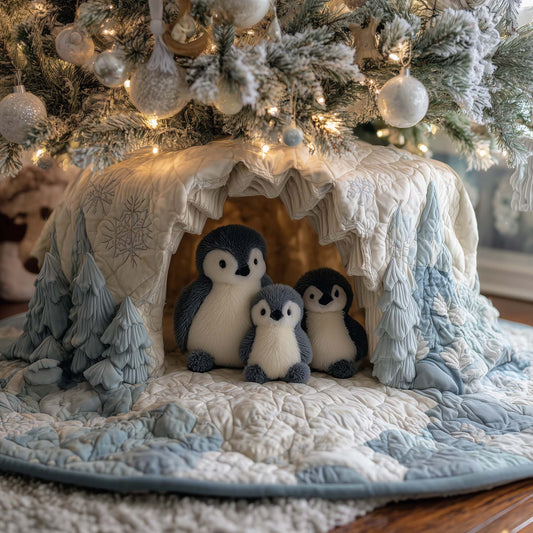 Quilted Tree Skirt Cozy Penguin Family Durable Holiday Decor 0