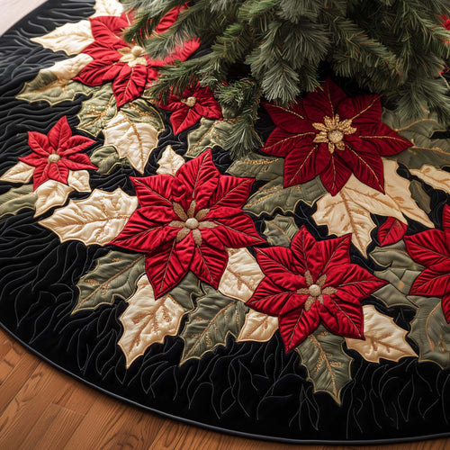 Quilted Tree Skirt Elegant Poinsettia Design Durable Material 0