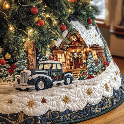 Quilted Tree Skirt Vintage Snowy Cabin Design Durable Material 0