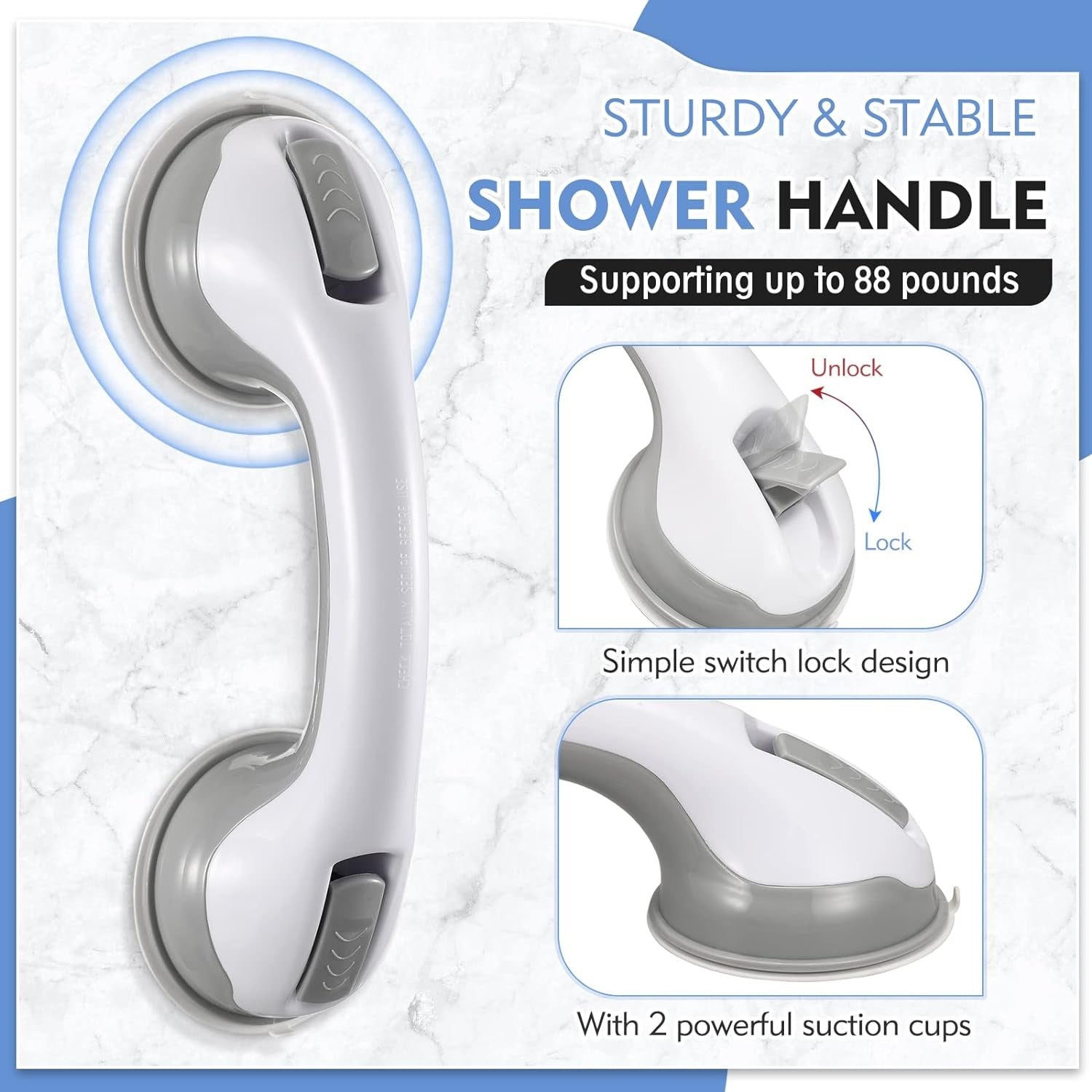 Portable white suction cup grab bar non-slip handle