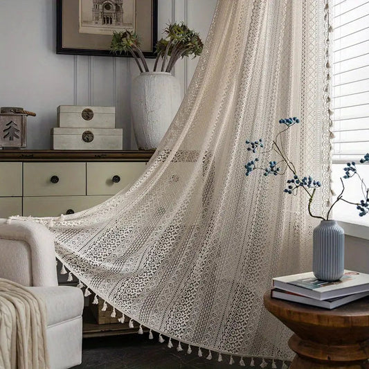 Sheer Curtain Semi-Sheer Fabric with Tassel Trim for Cozy Decor 0