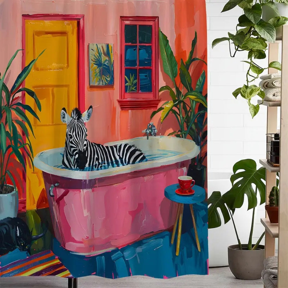 Shower Curtain Pink Zebra Design Water Resistant Easy Care 2
