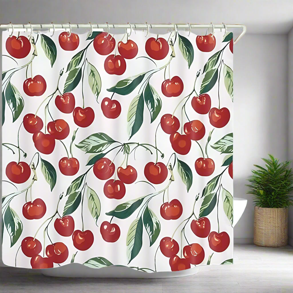Shower Curtain Waterproof Cherry Print Easy Care Vibrant Design 0